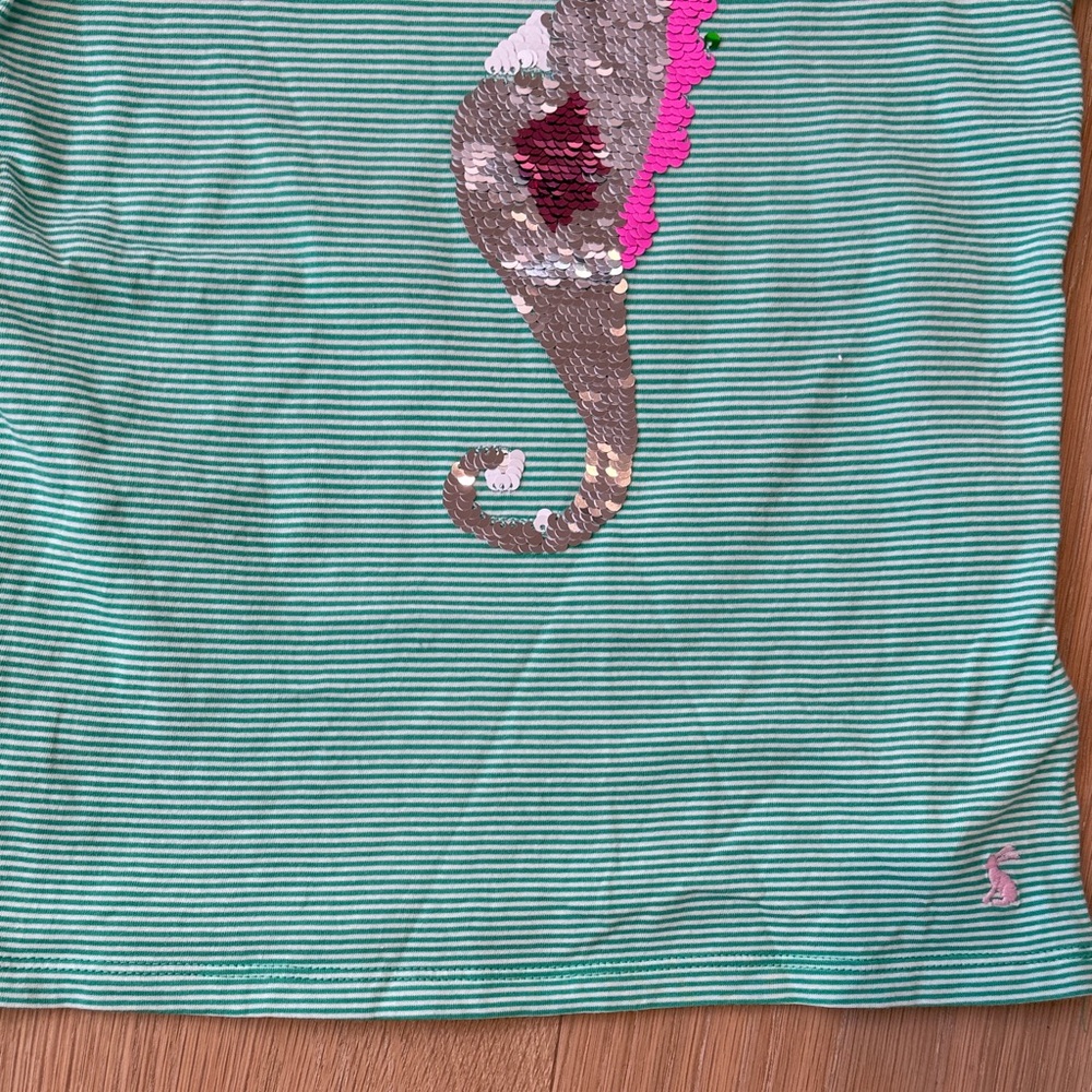 Joules Mint Green Striped Short Sleeve Girls Tee with Sequin Seahorse size 7 - Picture 6 of 8